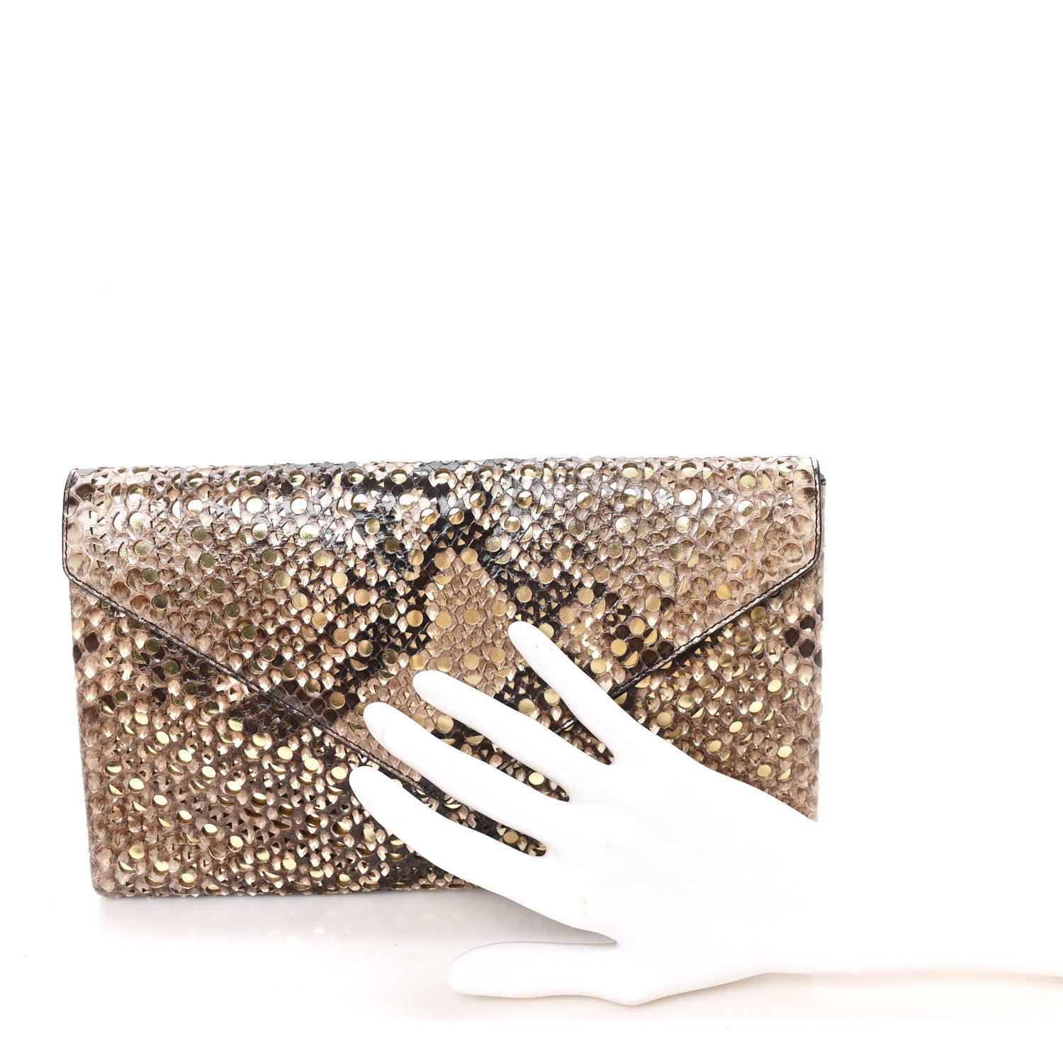 Snakeskin Laser Cut Envelope Clutch Beige Gold