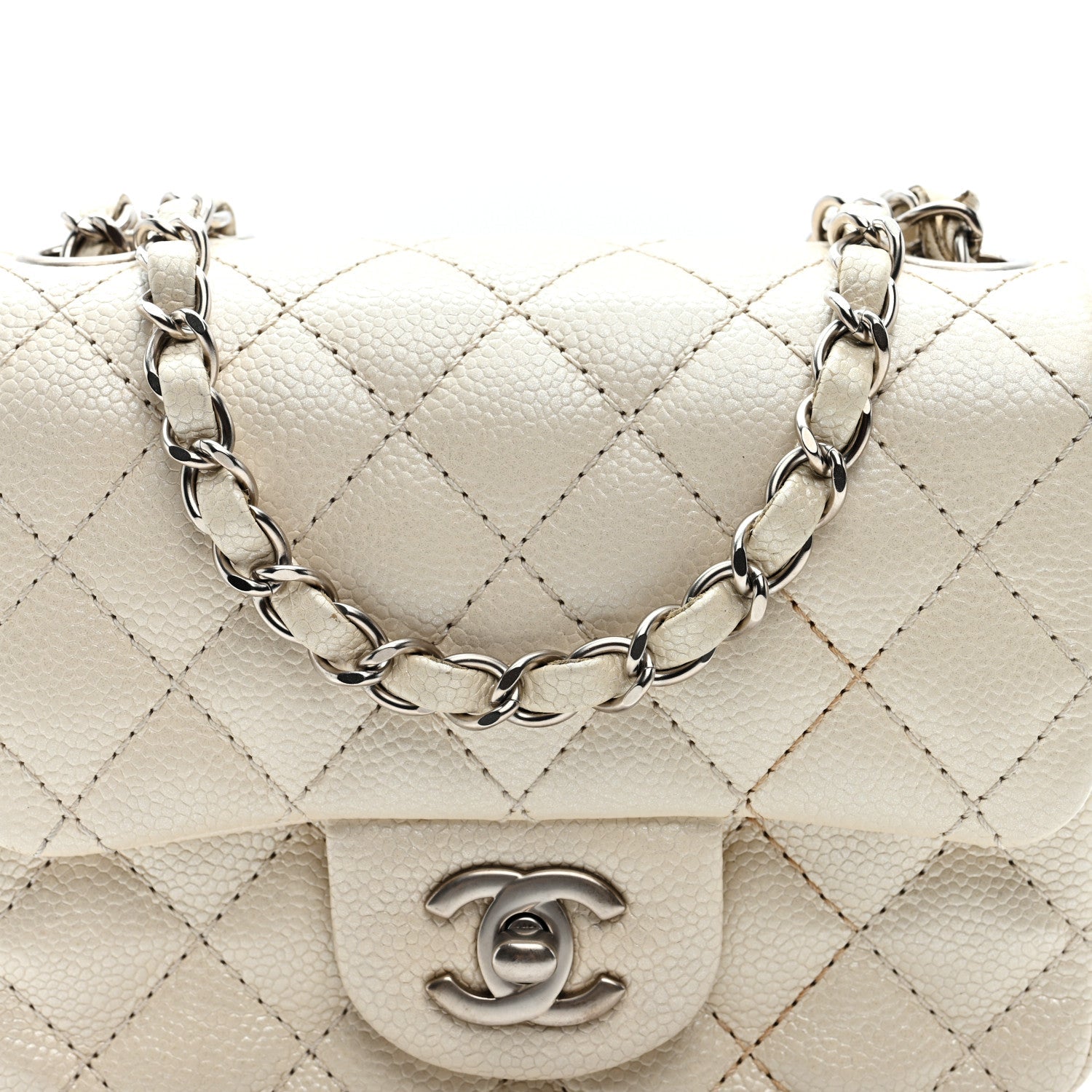 Iridescent Caviar Quilted Mini Square Flap White