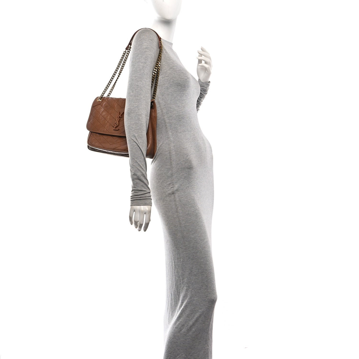 Crinkled Calfskin Matelasse Monogram Medium Niki Chain Satchel Caramel