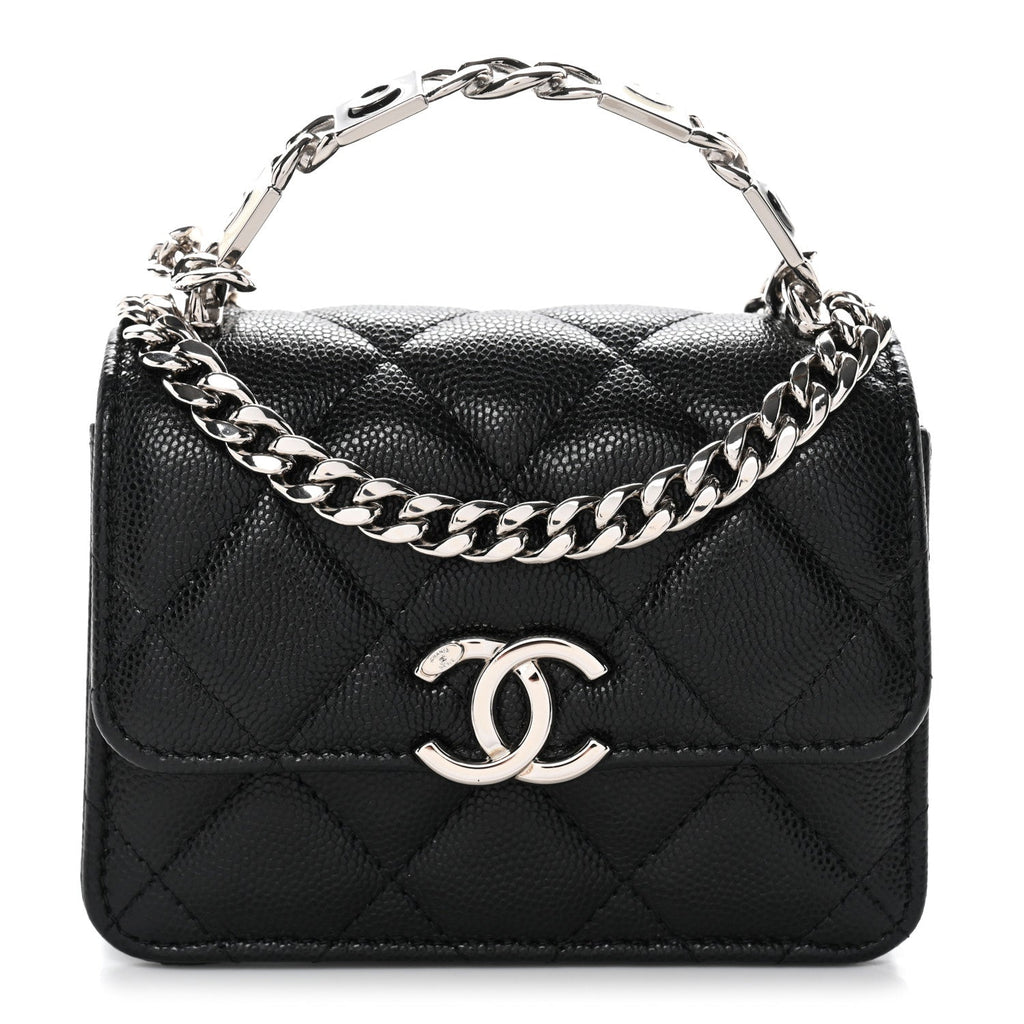 Caviar Quilted Enamel Top Handle Flap Clutch With Chain Black Clutch With Chain Black
