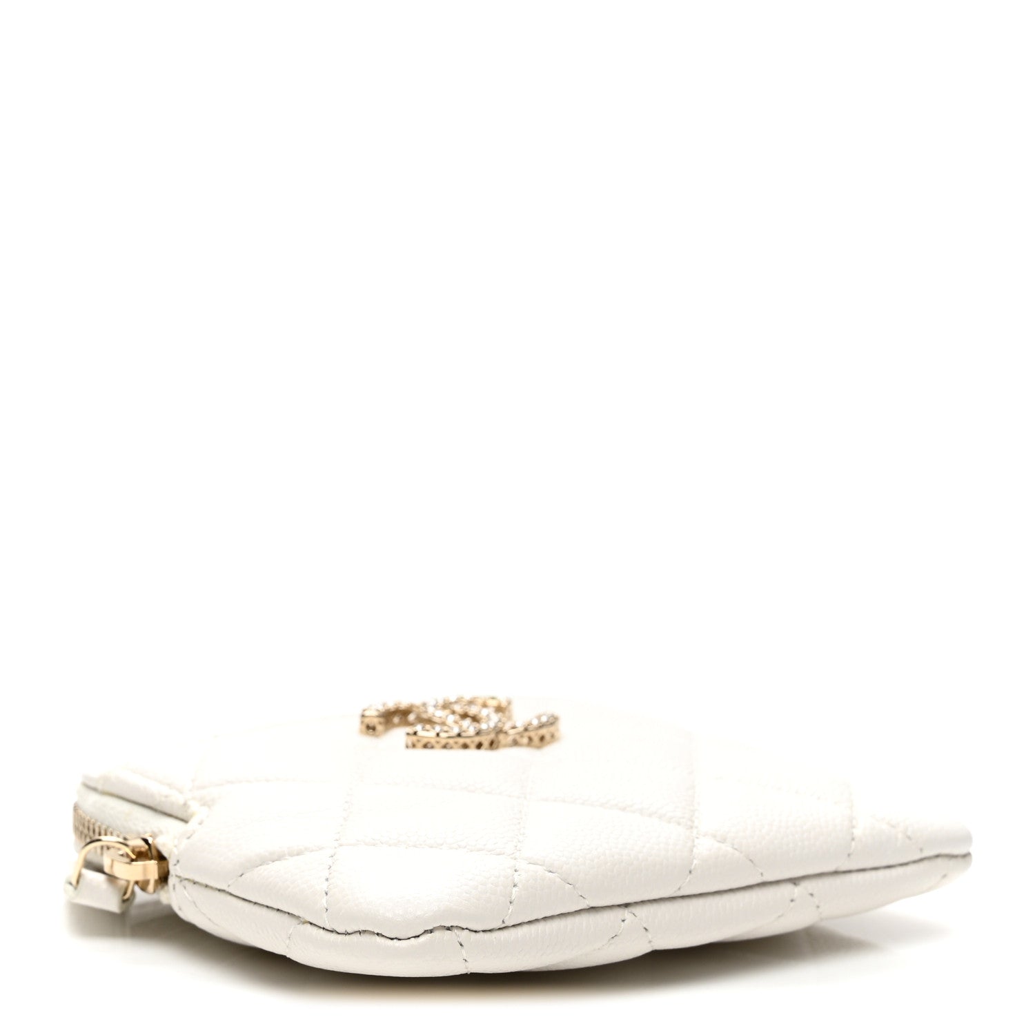 Caviar Quilted Crystal Zip Card Holder Wallet White