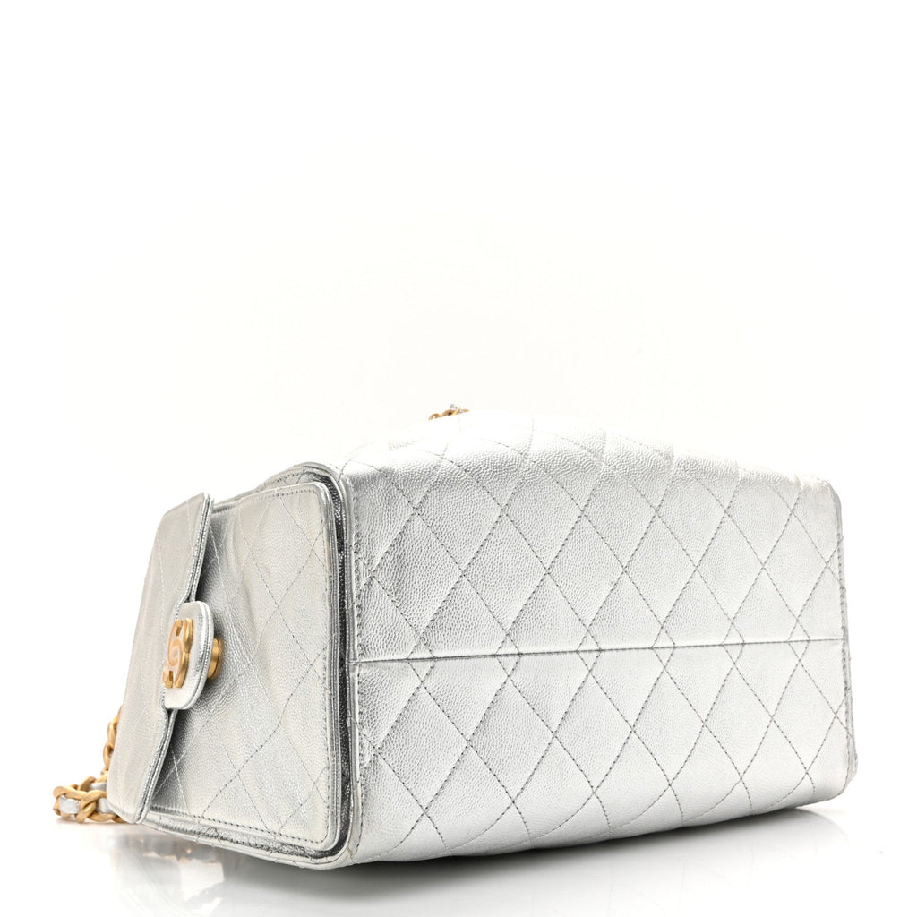 Metallic Caviar Quilted Small Chanel 25 Handbag Silver