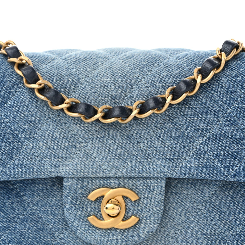 Washed Denim Quilted Mini Rectangular Flap Blue
