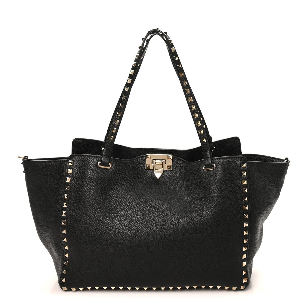 Pebbled Calfskin Medium Rockstud Tote Black