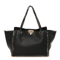 Pebbled Calfskin Medium Rockstud Tote Black