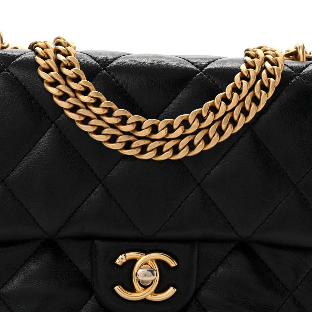 Shiny Lambskin Quilted Mini Sweetheart Flap Black