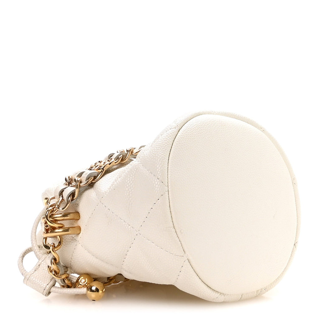 Caviar Quilted Coco First Bucket Clutch With Chain White