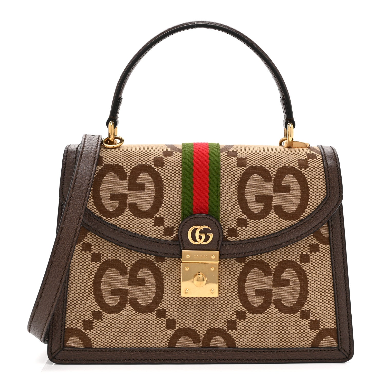 Monogram Jumbo GG Textured Dollar Calfskin Web Small Ophidia Padlock Top Handle Bag Camel Ebony New Acero