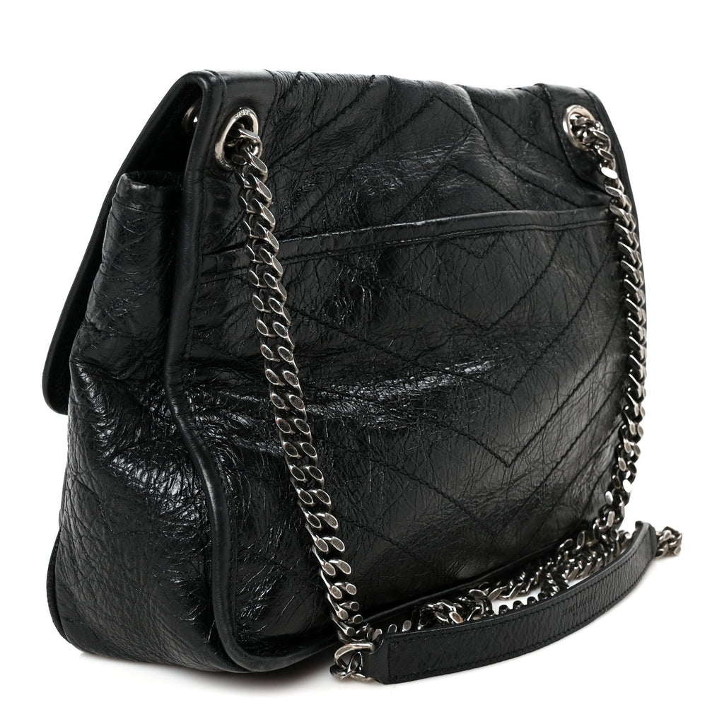 Crinkled Calfskin Matelasse Monogram Medium Niki Chain Satchel Black