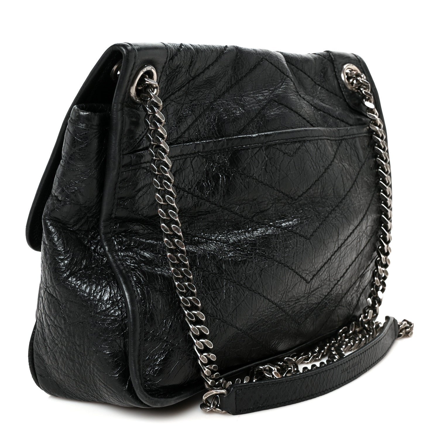 Crinkled Calfskin Matelasse Monogram Medium Niki Chain Satchel Black