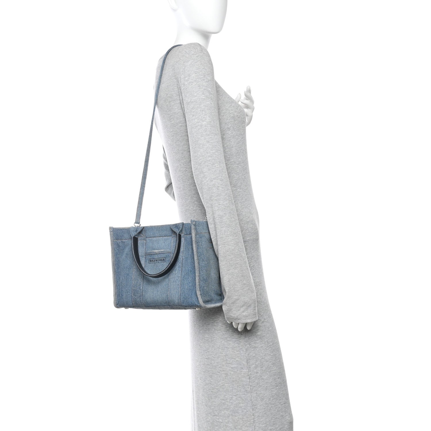 Washed Frayed Denim Logo Small Hardware Tote Blue