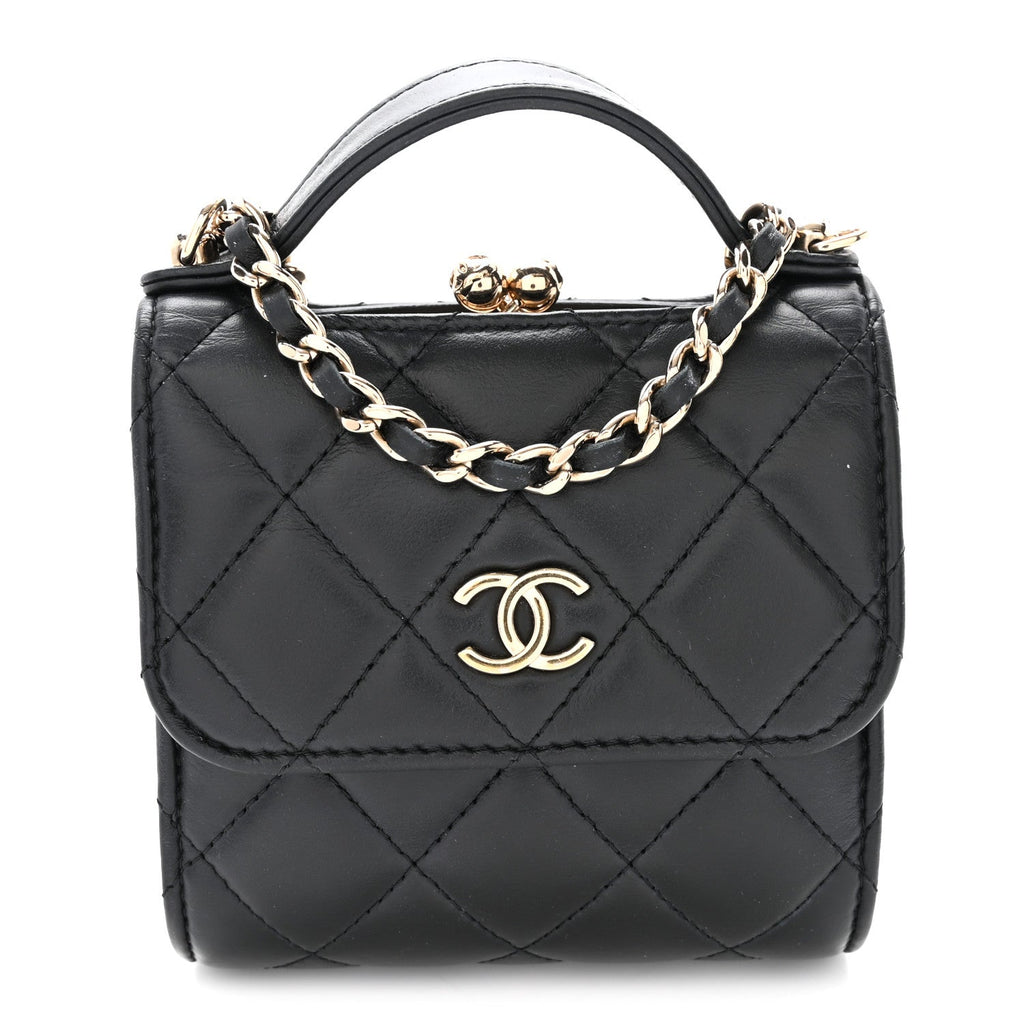 Lambskin Quilted Kiss Lock Top Handle Flap Clutch With Chain Black