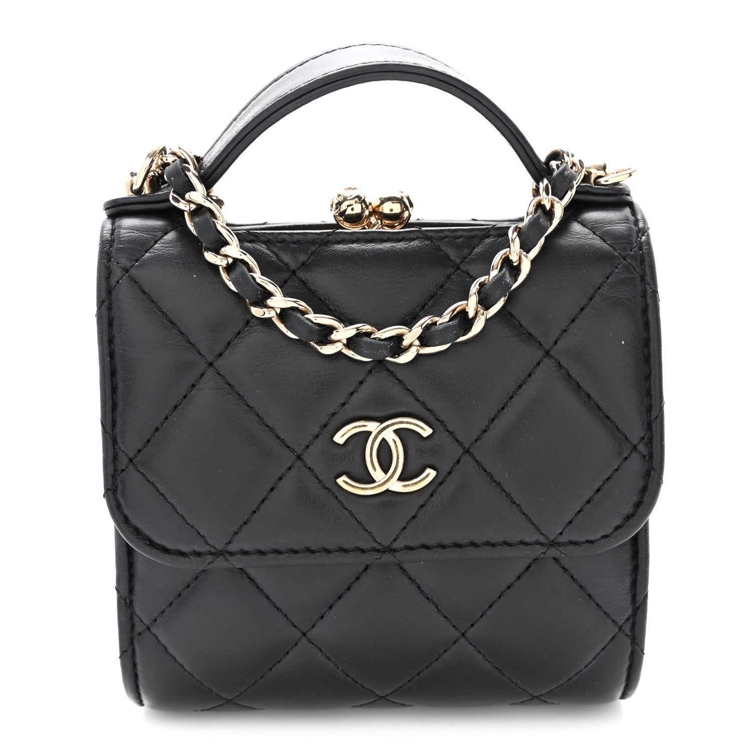Lambskin Quilted Kiss Lock Top Handle Flap Clutch With Chain Black