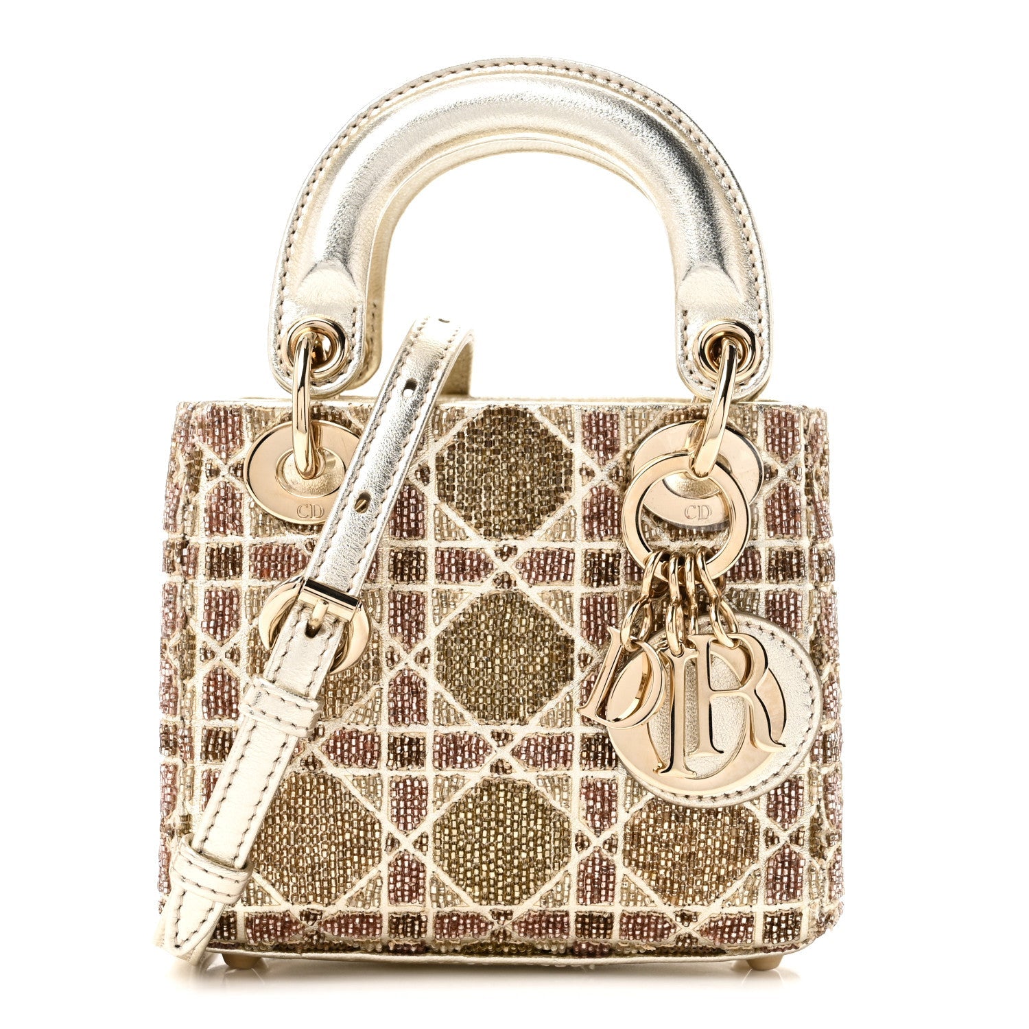 Metallic Lambskin Cannage Beaded Embroidered Micro Lady Dior Gold