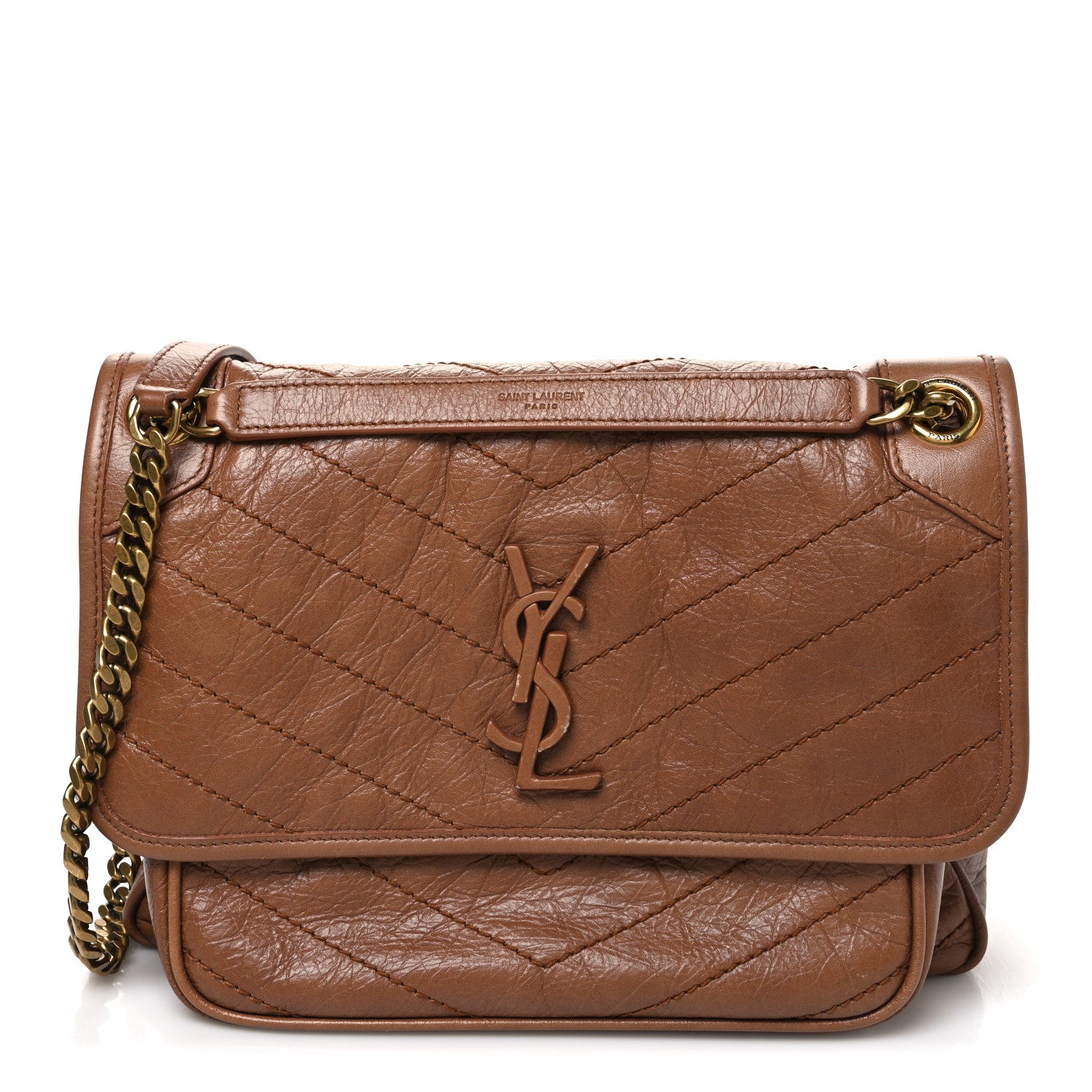 Crinkled Calfskin Matelasse Monogram Medium Niki Chain Satchel Caramel