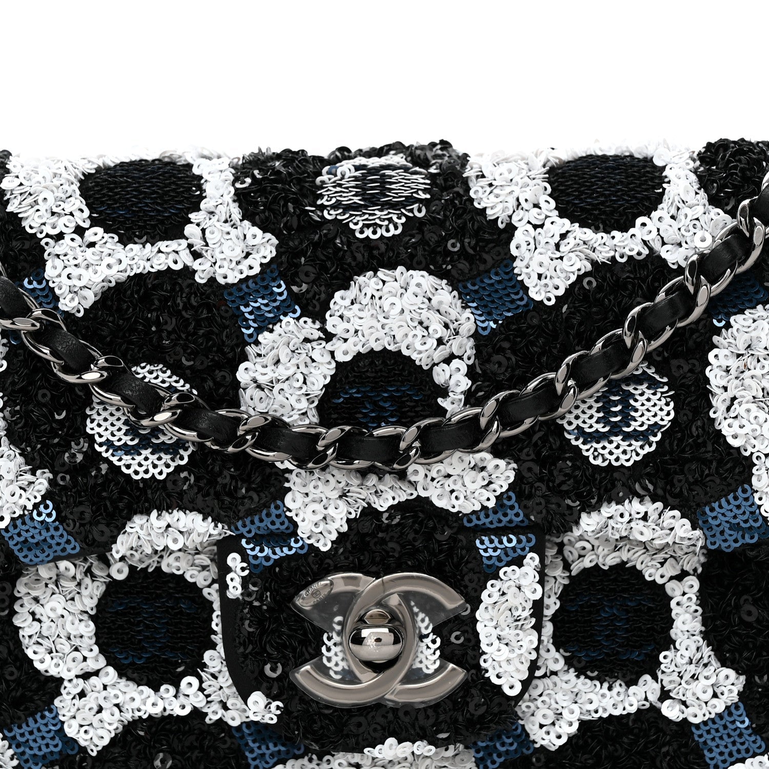 Satin Sequin Embellished Flower East West Flap Black White Blue