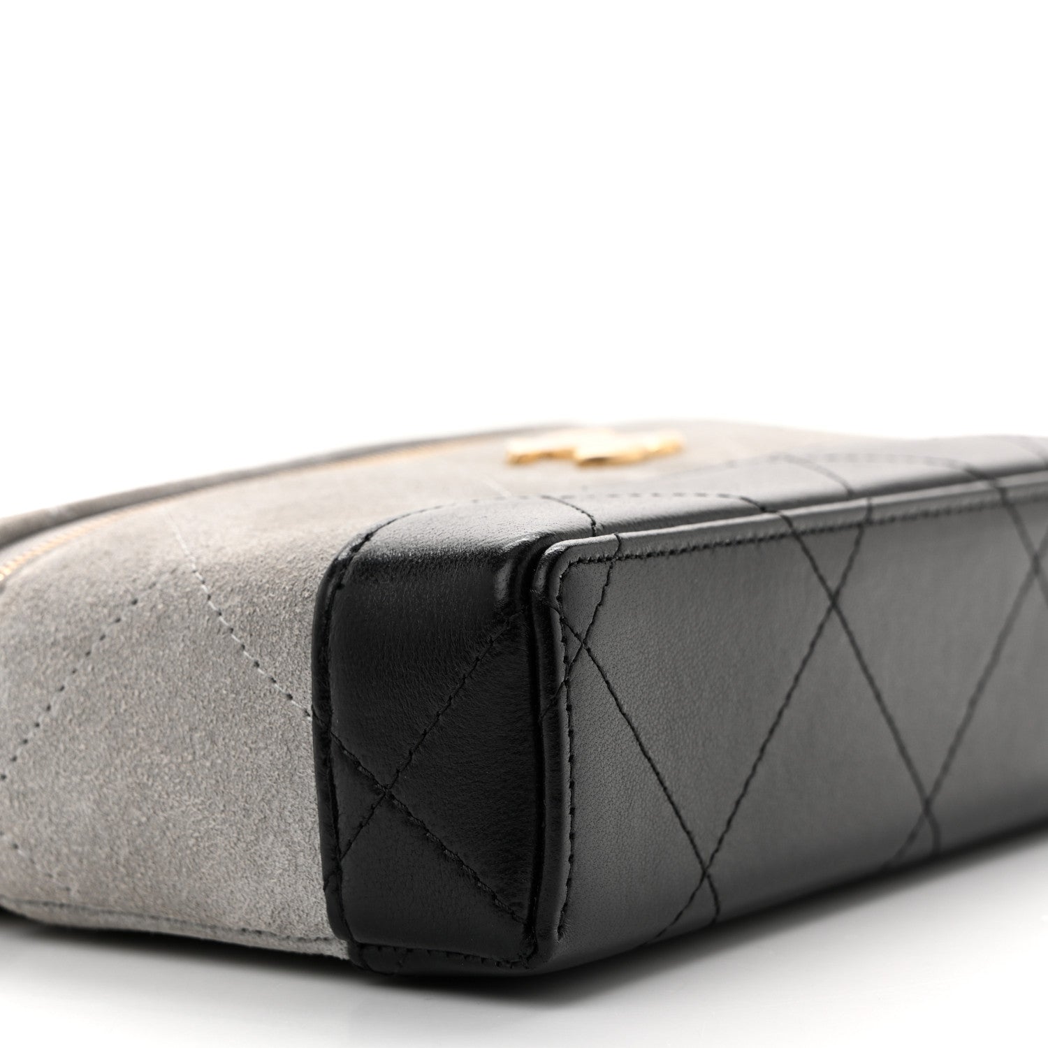 Suede Calfskin Shiny Lambskin Quilted Top Handle Slim Vanity Case With Chain Grey Black