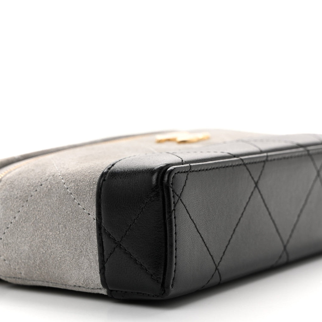 Suede Calfskin Shiny Lambskin Quilted Top Handle Slim Vanity Case With Chain Grey Black Grey Black
