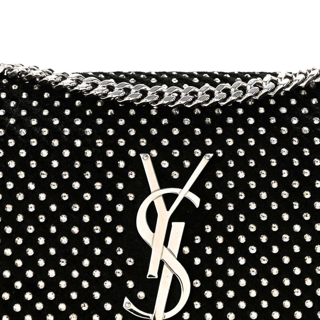 Velvet Crystal Studded Monogram Small Kate Satchel Black
