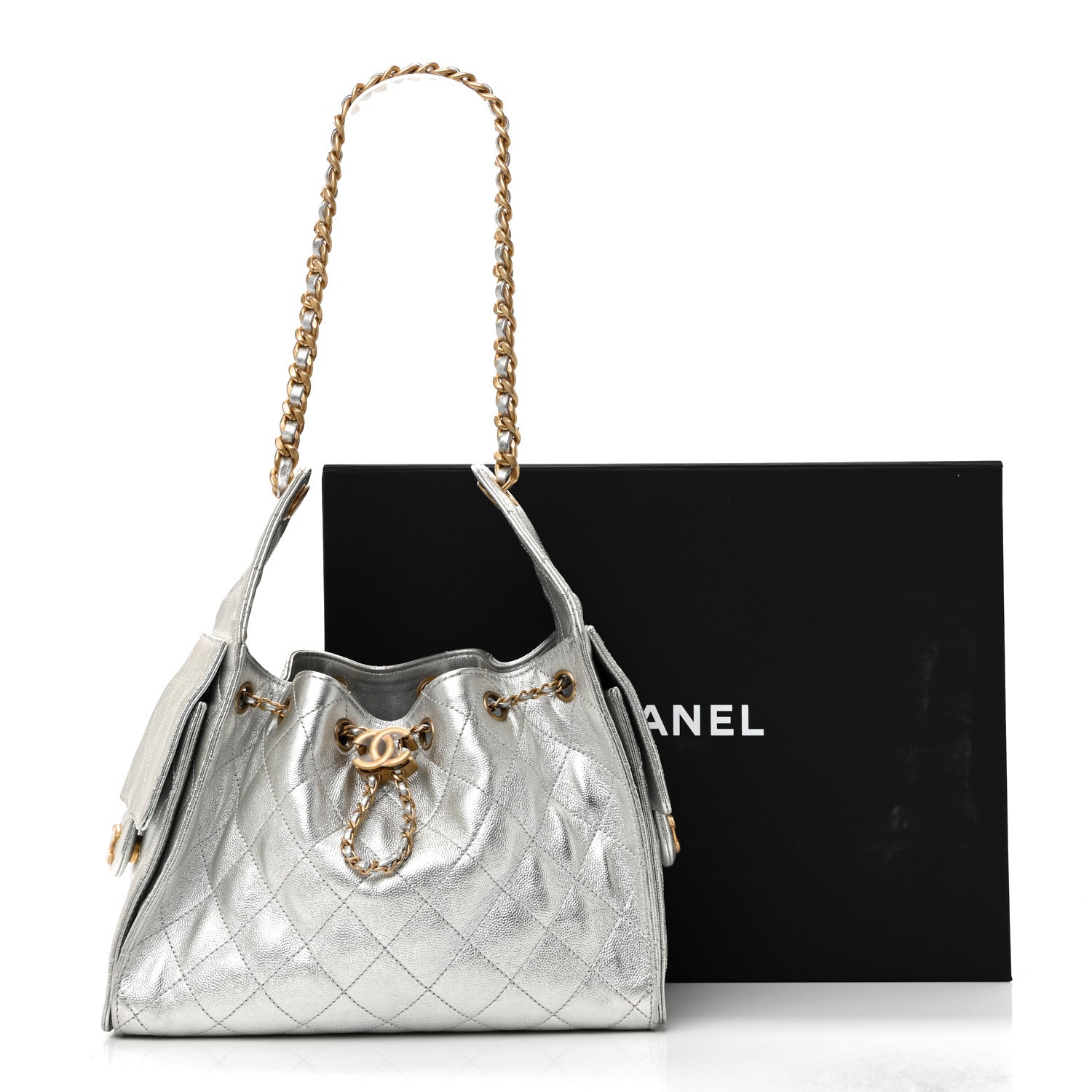 Metallic Caviar Quilted Small Chanel 25 Handbag Silver