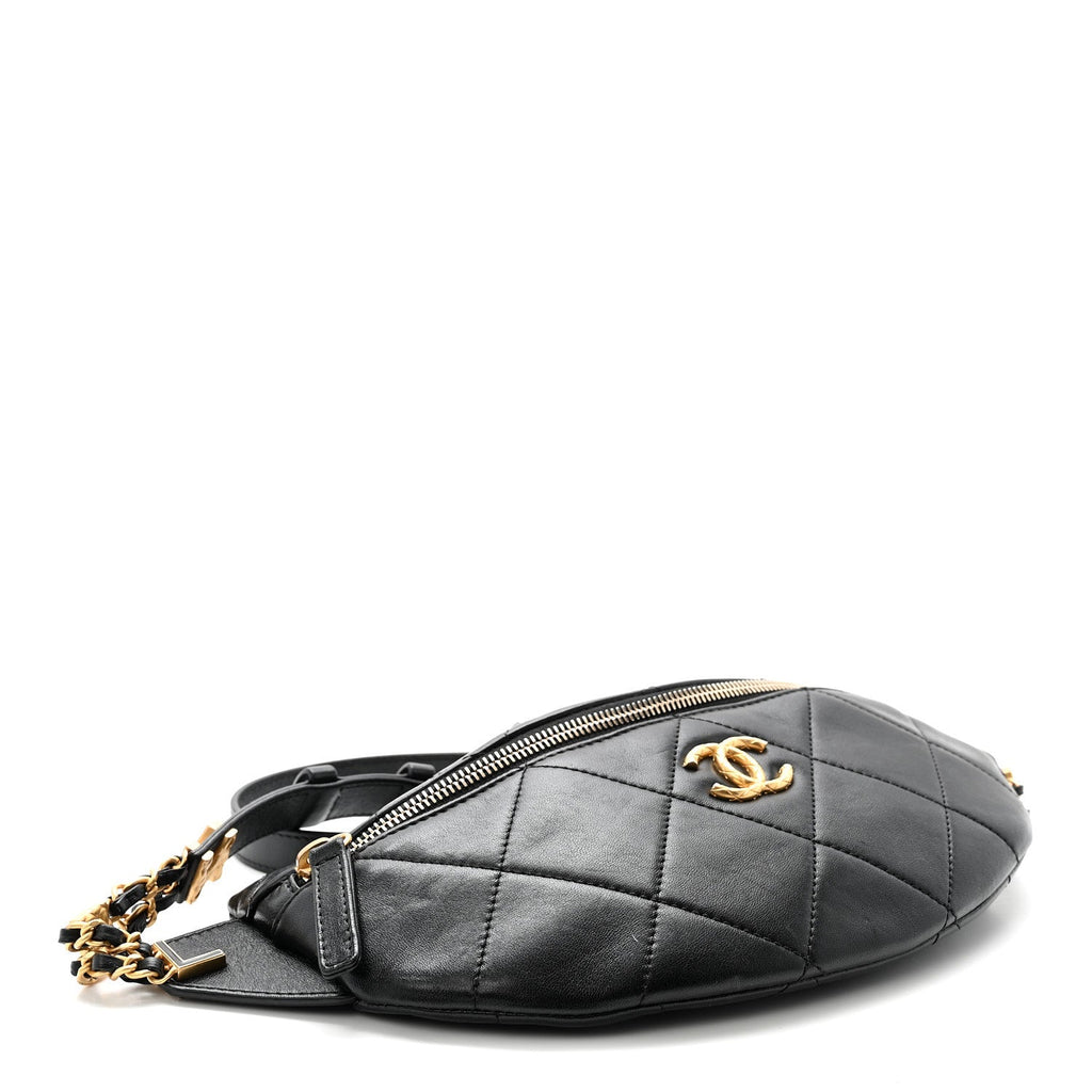 Lambskin Quilted Logo Letter Waist Bag Black