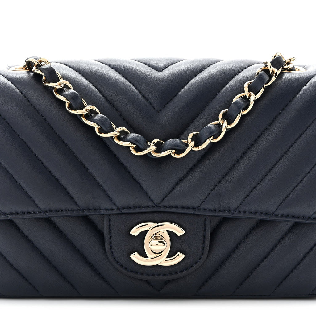 Lambskin Chevron Quilted Mini Rectangular Flap Navy