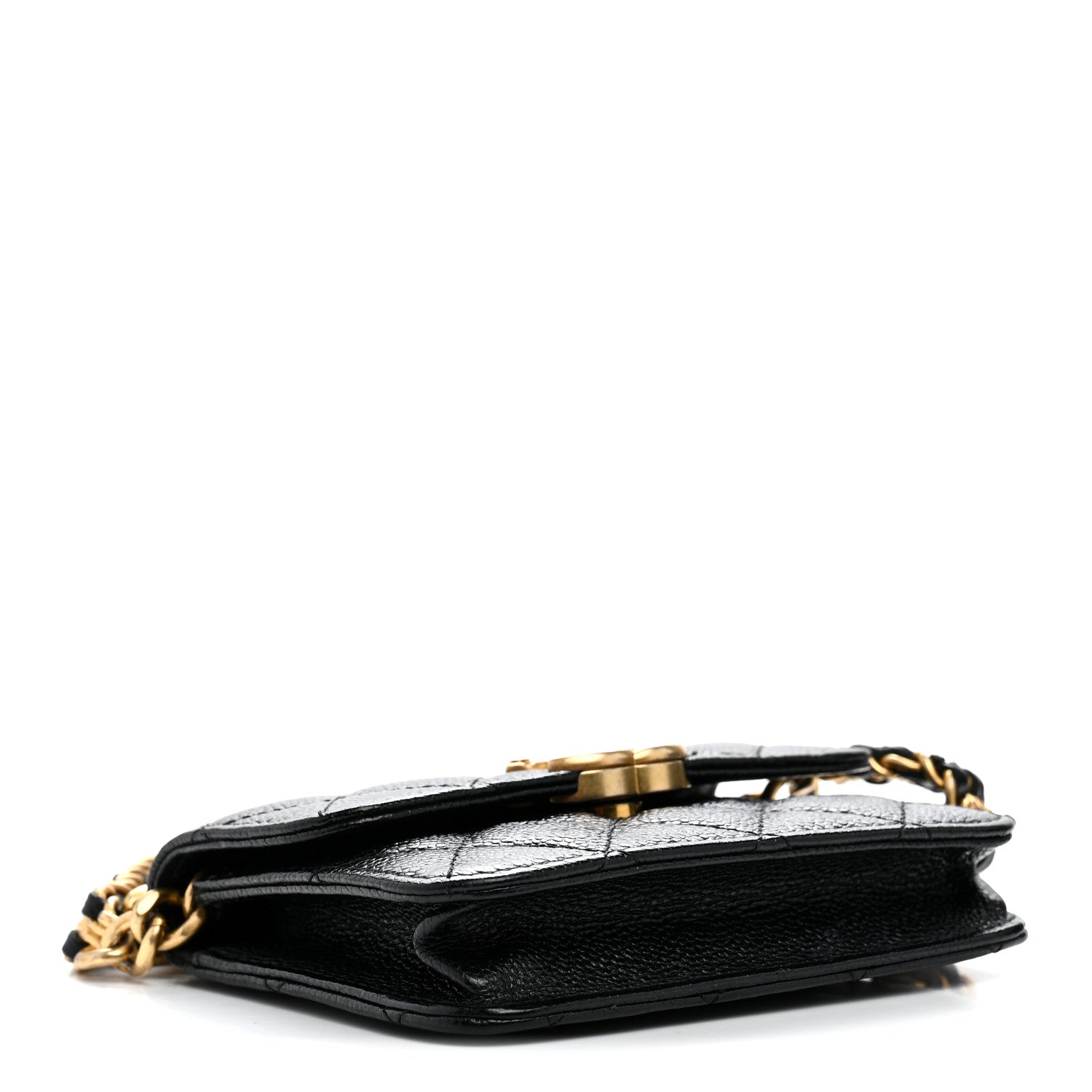 Shiny Caviar Quilted Chain Melody Card Holder On Chain Black