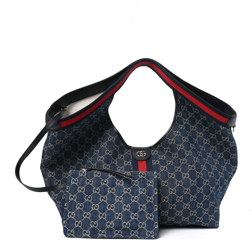 Denim GG Monogram Web Large Giglio Tote Blue