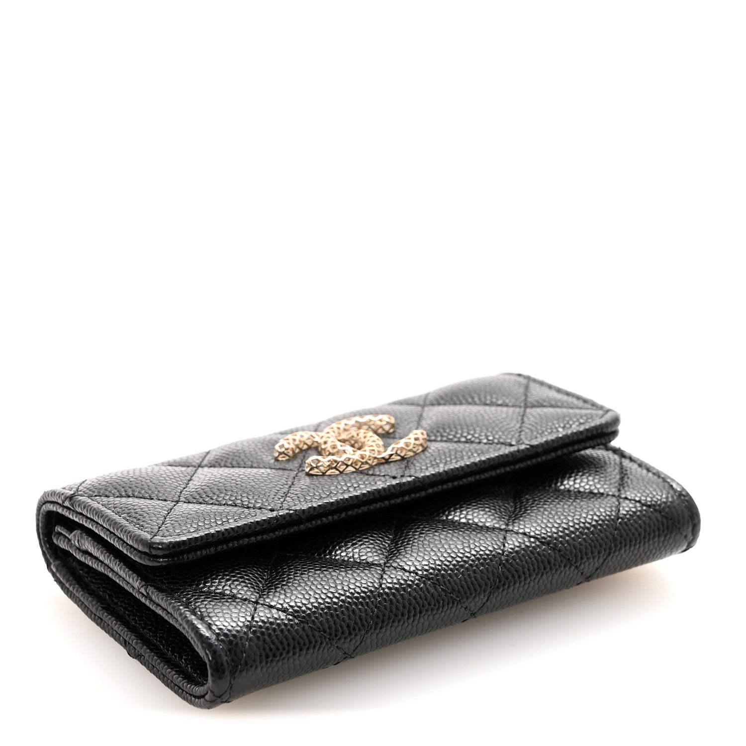 Caviar Metal Perforated Quilted CC Flap Card Holder Black