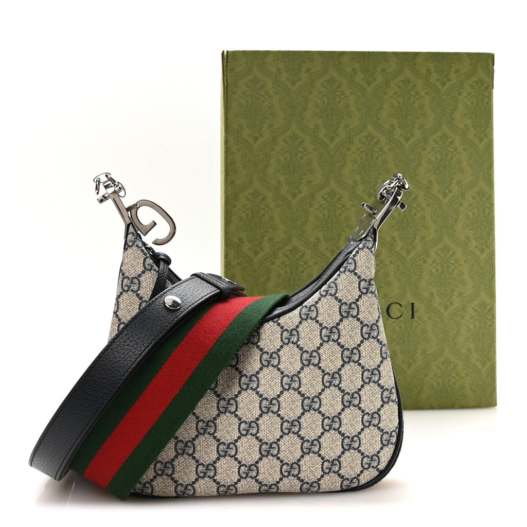 GG Supreme Monogram Textured Calfskin Web Small Attache Shoulder Bag Beige Blue