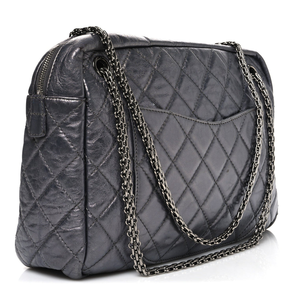 Metallic Aged Calfskin Quilted Large Reissue Camera Case Silver