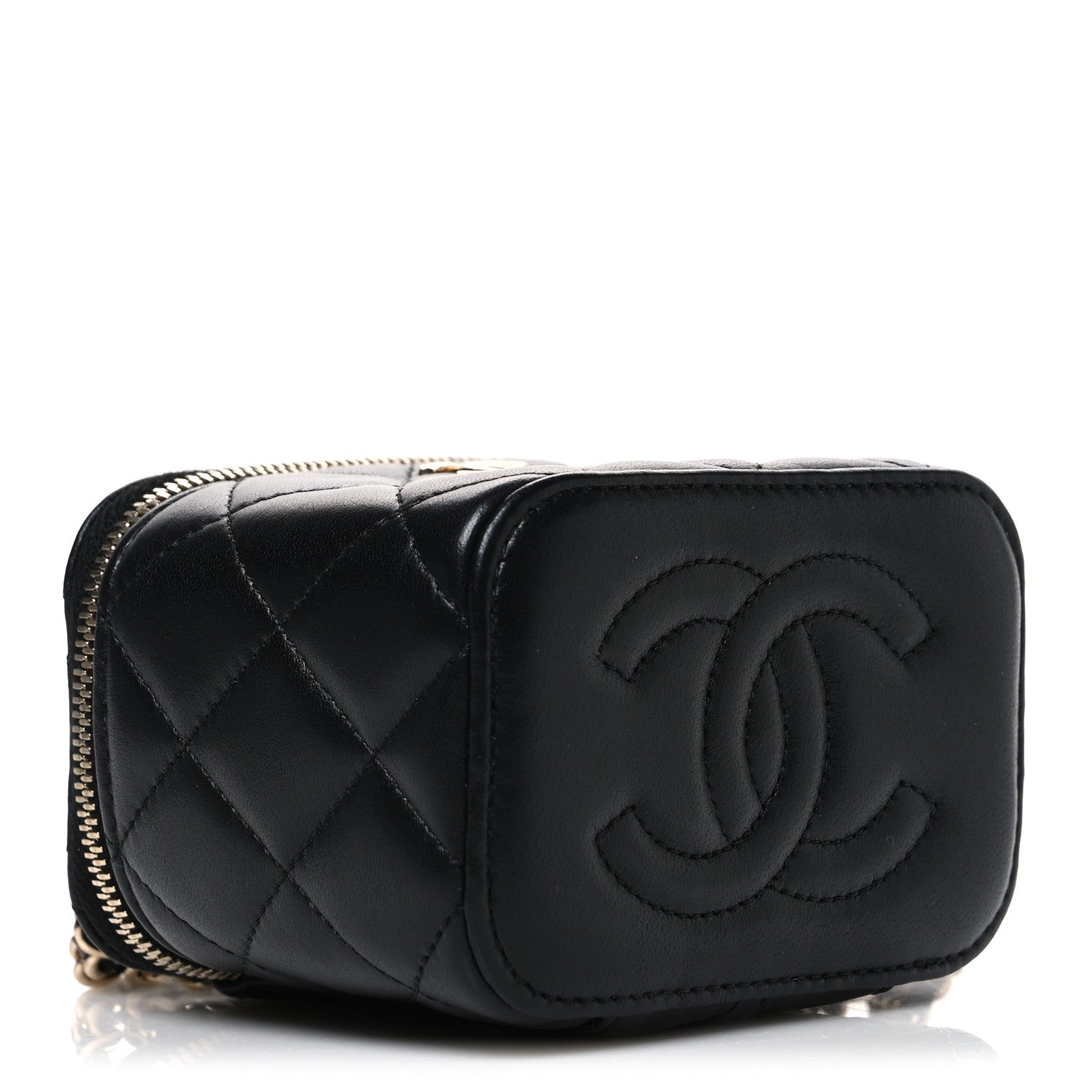 Lambskin Quilted Top Handle Mini Vanity Case With Chain Black
