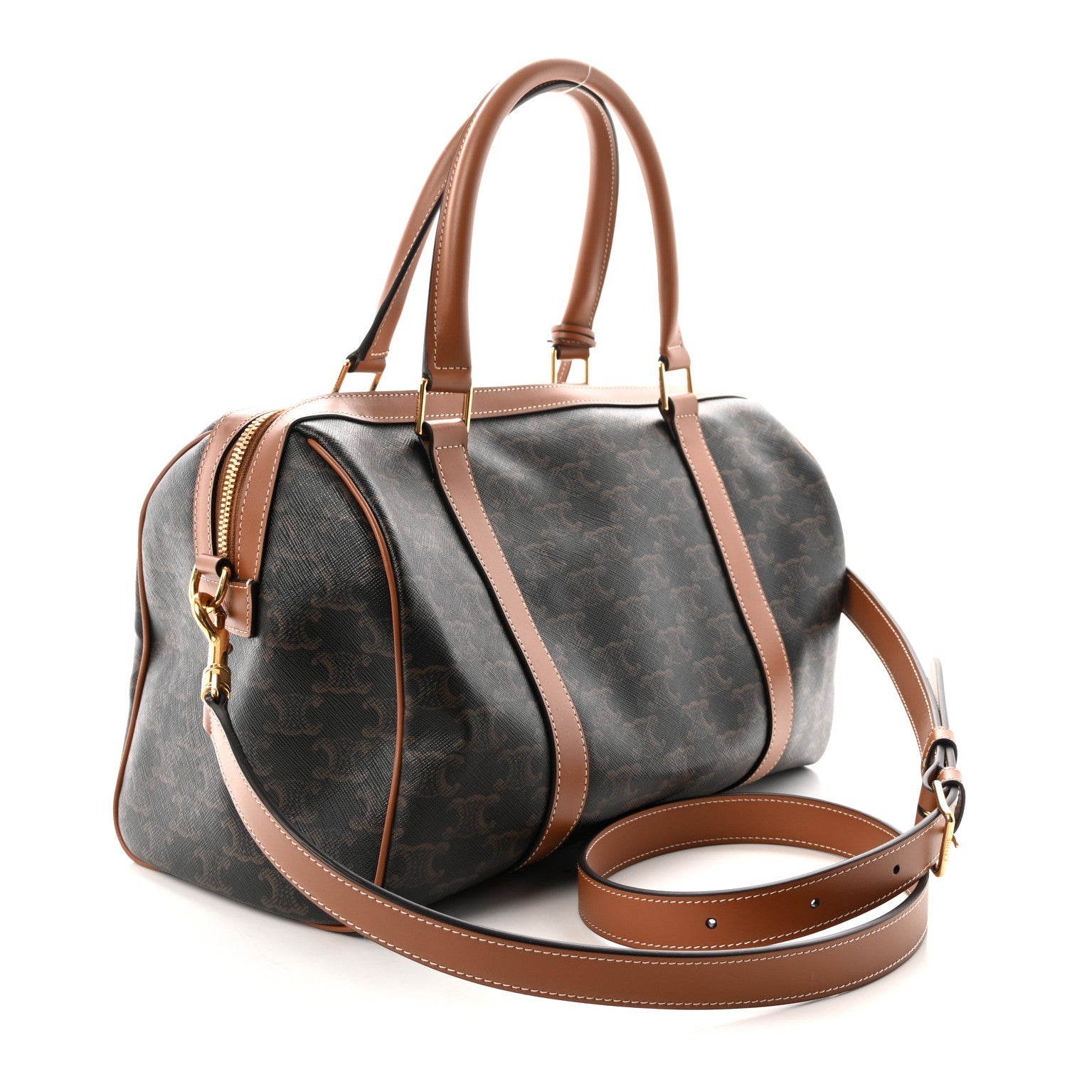 Triomphe Canvas Calfskin Boston Bag Tan