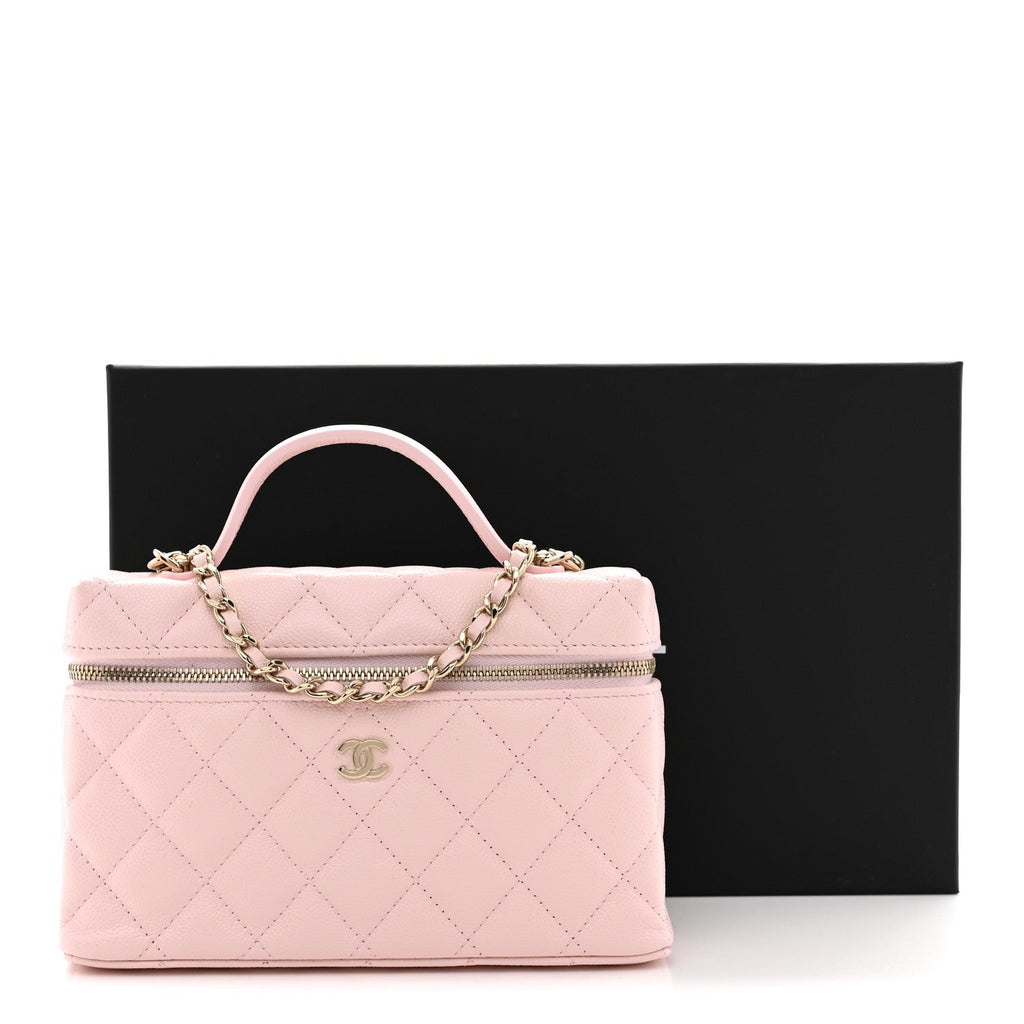 Caviar Quilted Top Handle Slim Vanity With Chain Light Pink
