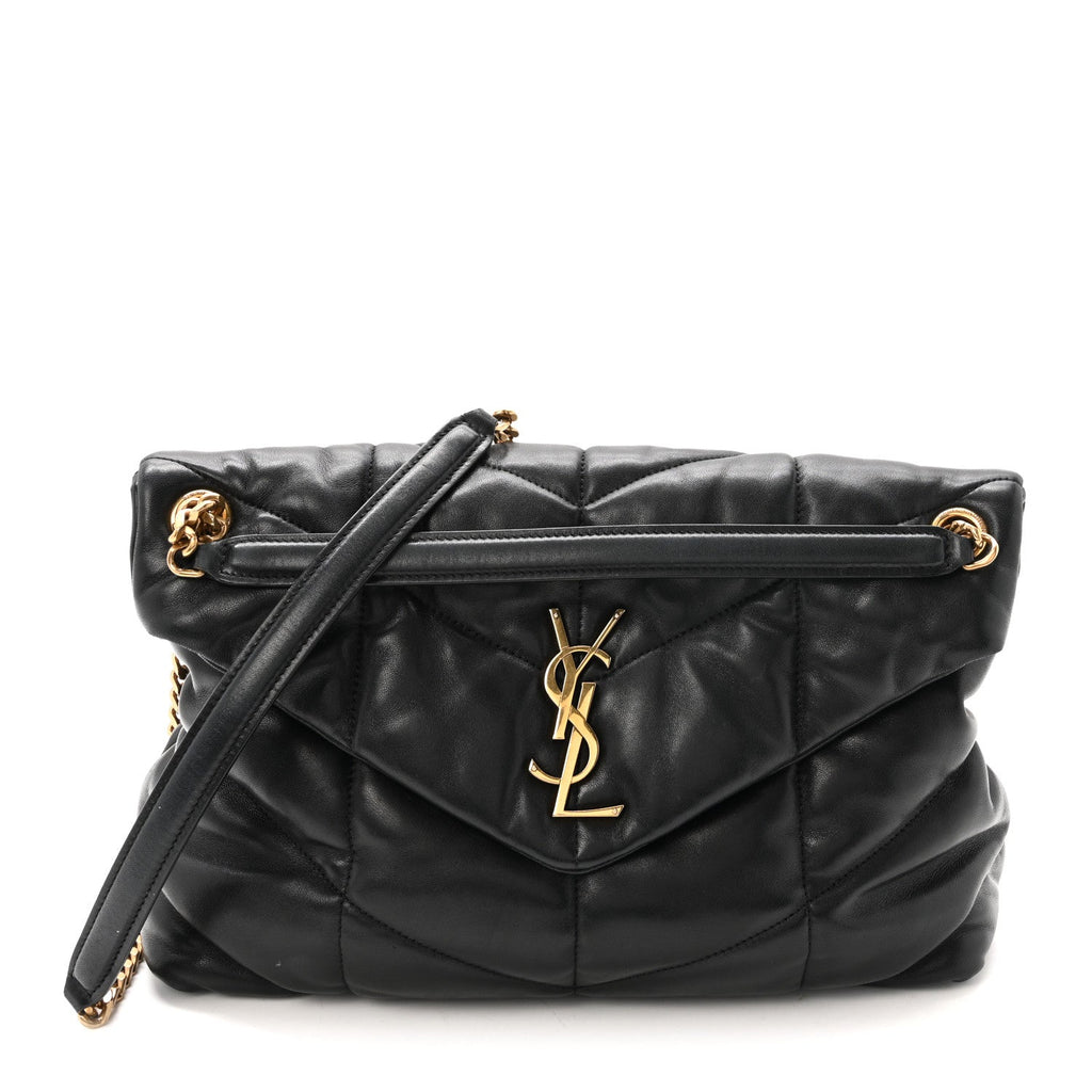 Lambskin Quilted Medium Loulou Puffer Monogram Chain Satchel Black