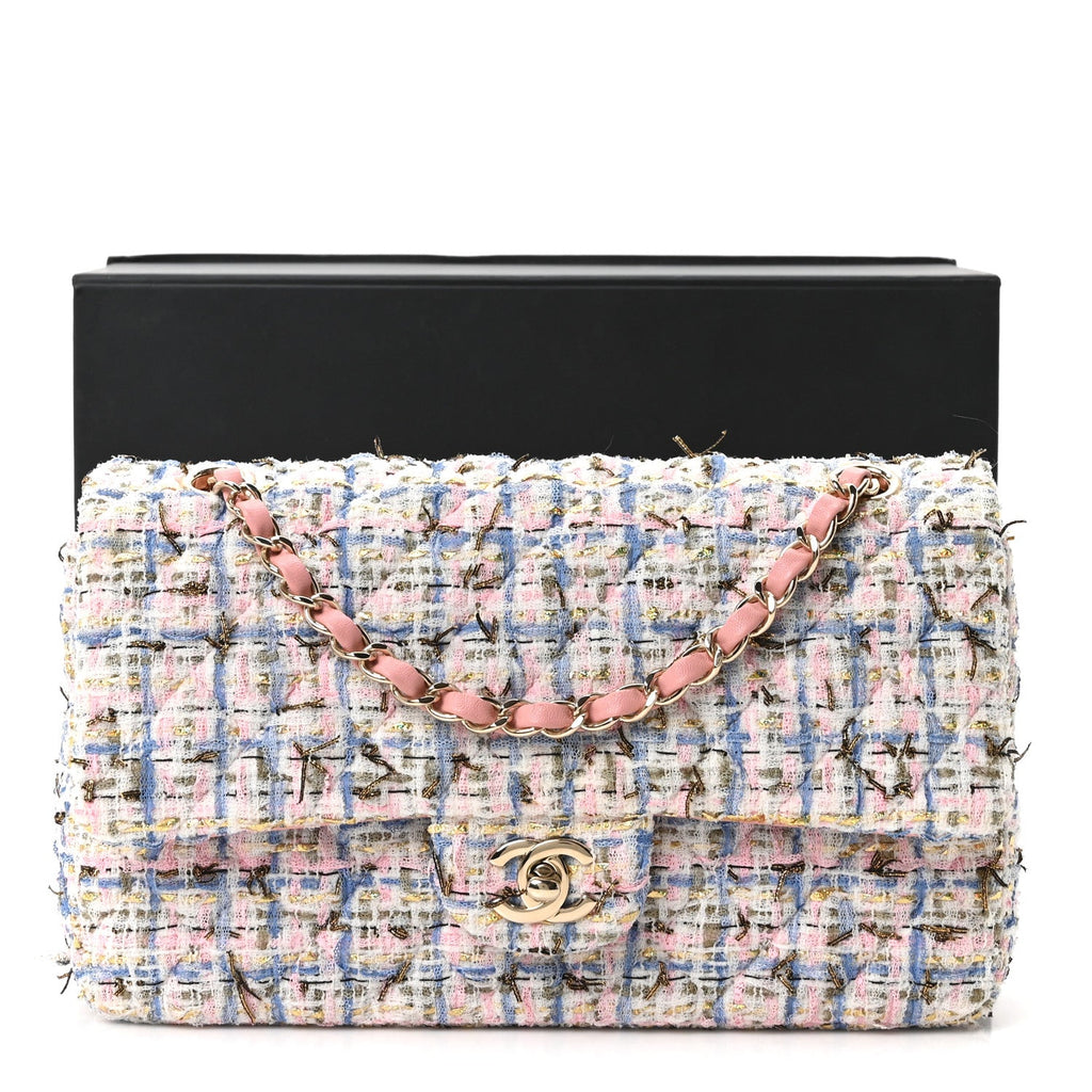 Tweed Quilted Medium Double Flap Blue Pink Gold White