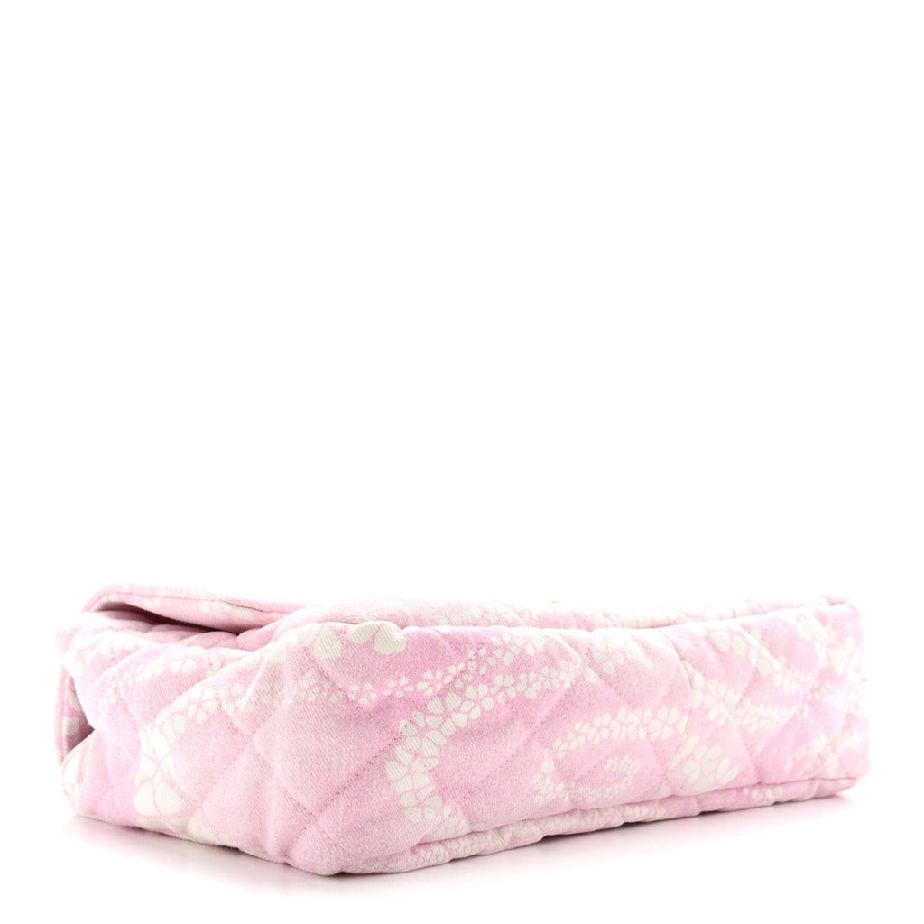 Printed Denim Quilted Medium Single Flap Bag Pink White Pink White
