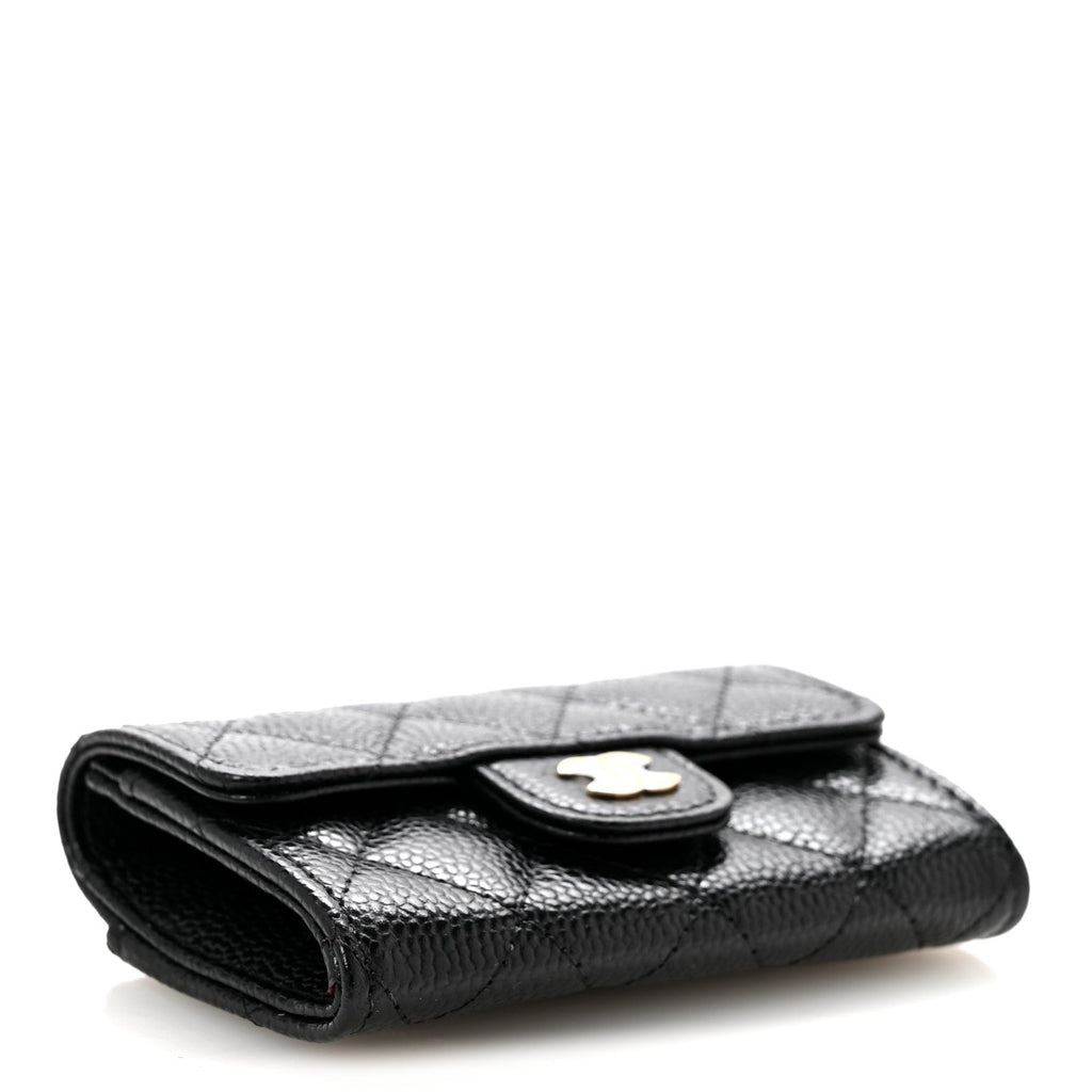 Caviar Quilted Flap Card Holder Wallet Black