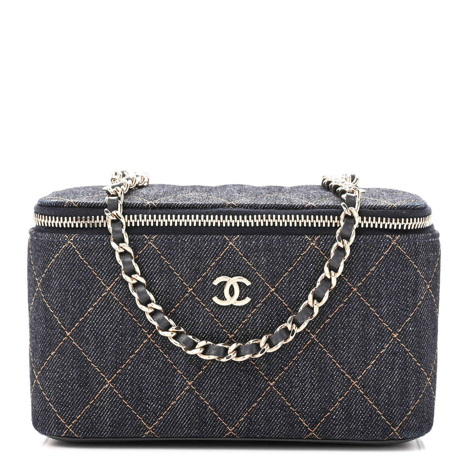 Denim Quilted Small Vanity Case With Chain Dark Blue Orange