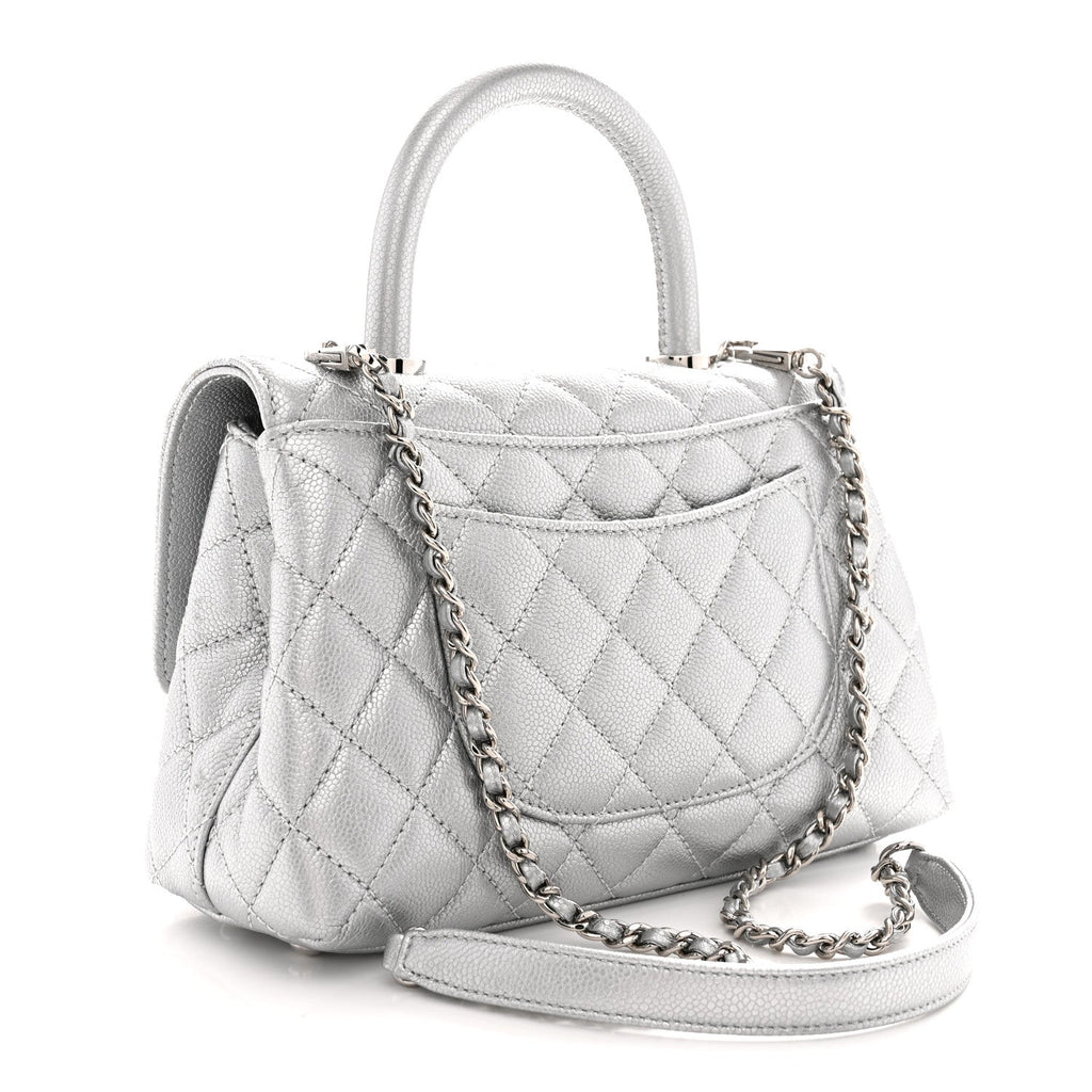 Metallic Caviar Quilted Mini Coco Handle Flap Silver