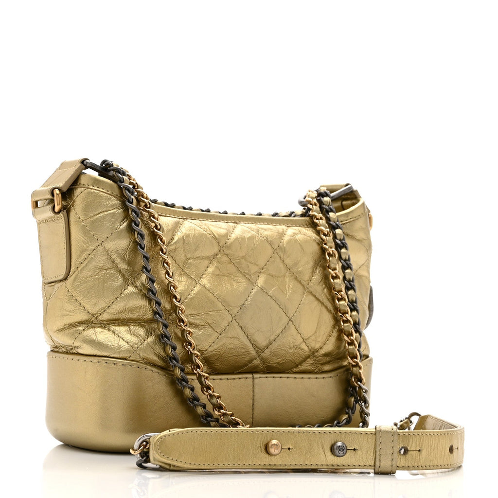 Metallic Aged Calfskin Quilted Small Gabrielle Hobo Gold
