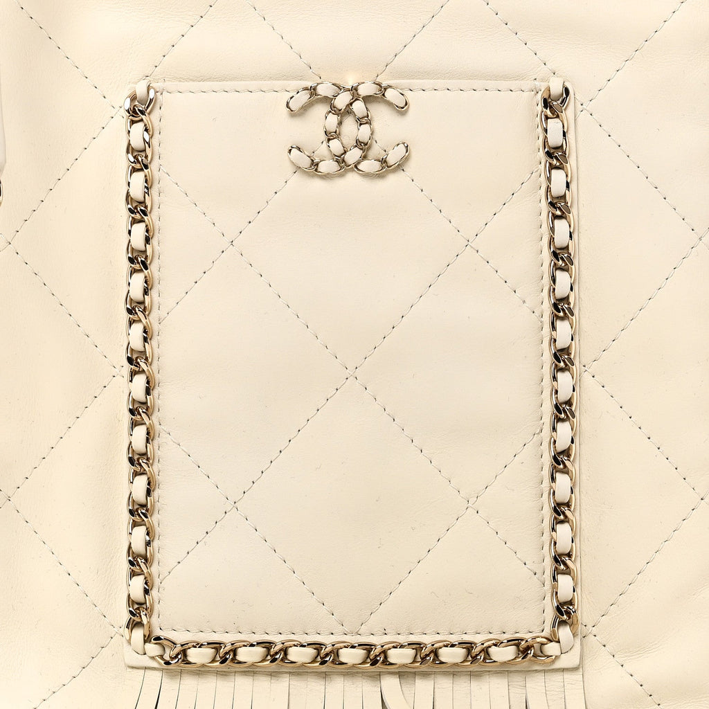 Calfskin Quilted Fringe Small Shopping Bag White