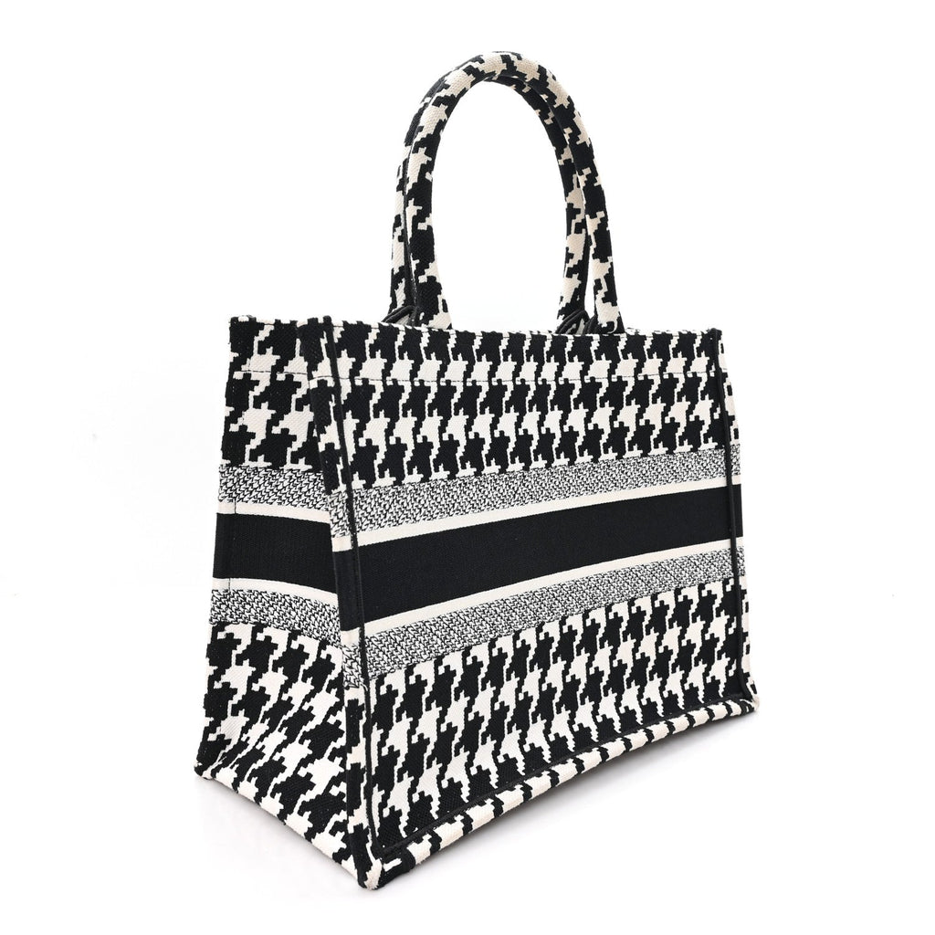 Canvas Macro Houndstooth Embroidered Medium Book Tote Black White
