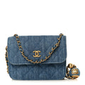 Denim Quilted CC Pearl Crush Clutch With Chain Blue