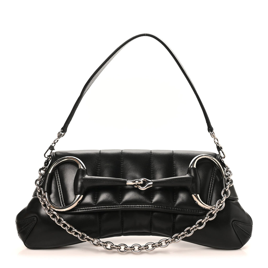 Nappa Vertical Matelasse Medium Maxi Horsebit Chain Shoulder Bag Black