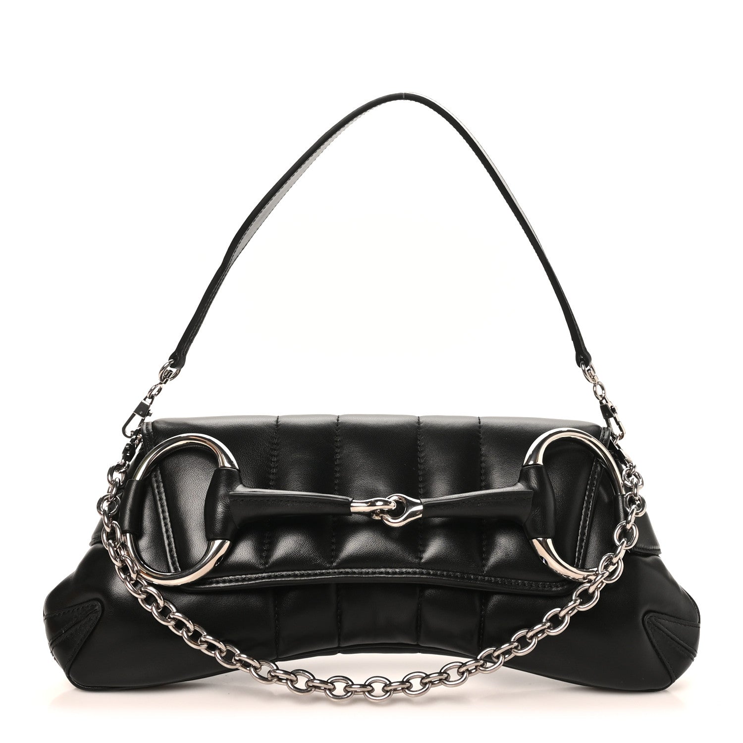 Nappa Vertical Matelasse Medium Maxi Horsebit Chain Shoulder Bag Black