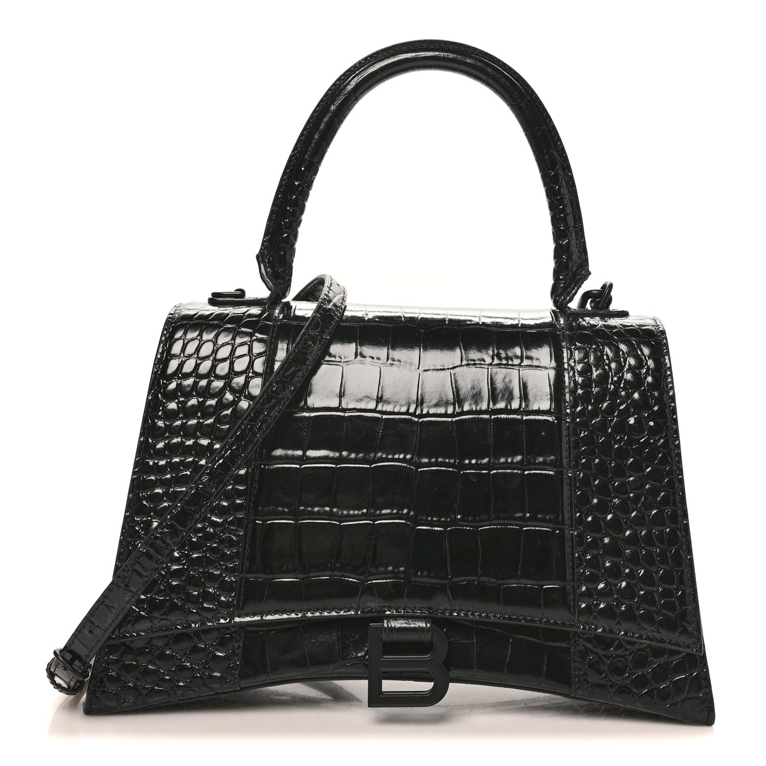 Shiny Calfskin Monochrome Crocodile Embossed Medium Hourglass Top Handle Bag Black