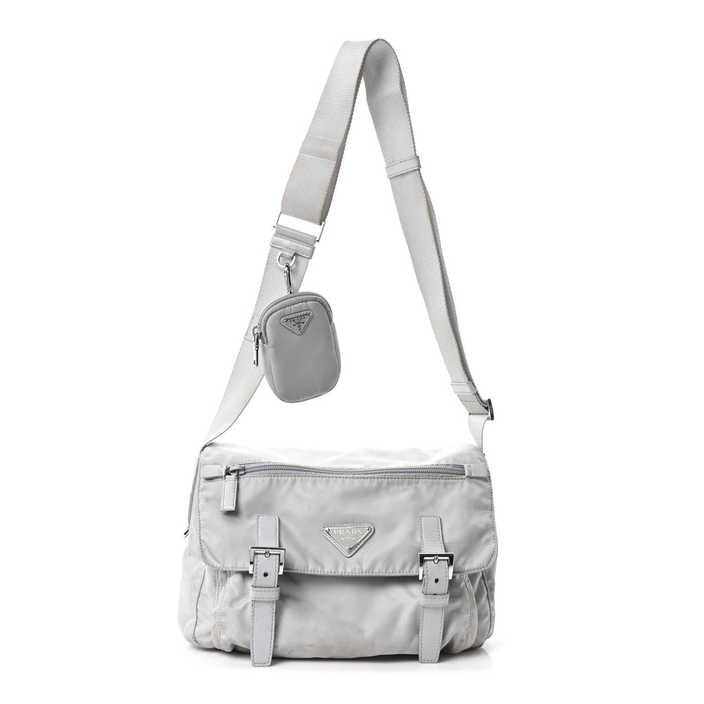 Re-Nylon Vela Saffiano Pocket Double Buckle Messenger Shoulder Bag Fiordaliso