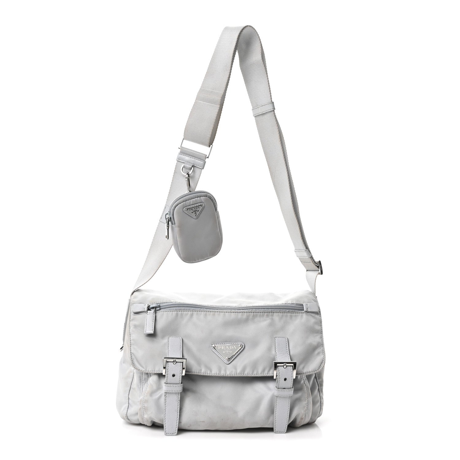 Re-Nylon Vela Saffiano Pocket Double Buckle Messenger Shoulder Bag Fiordaliso