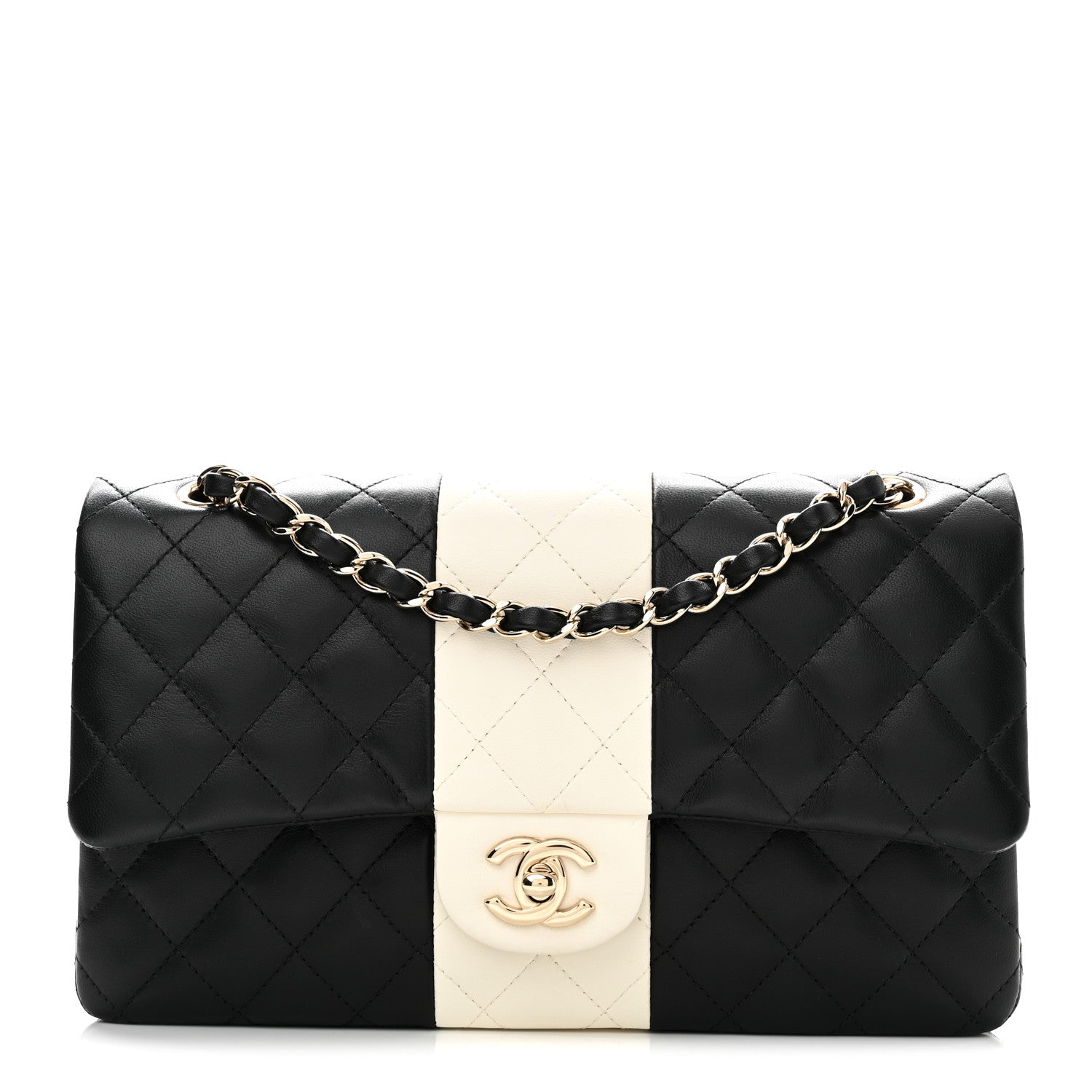 Lambskin Quilted Medium Double Flap Black White